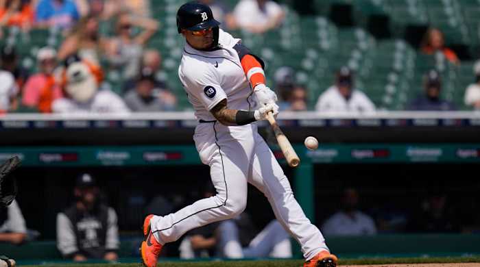 Detroit Tigers’ Javier Baez hits a single against the Oakland Athletics in the seventh inning of a baseball game in Detroit, Tuesday, May 10, 2022.